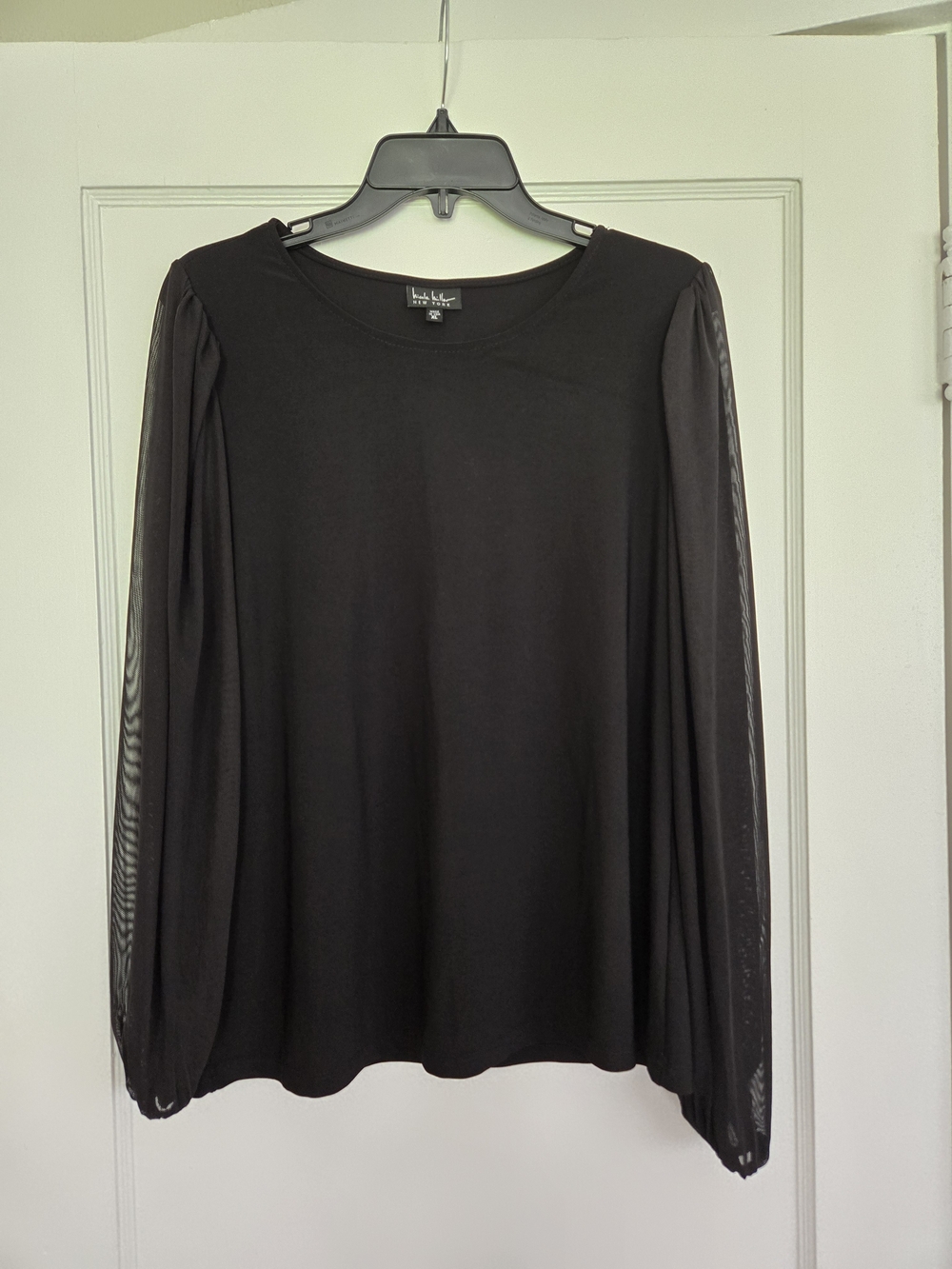 Nicole Miller Black Long Sleeve Sheer-Sleeve Top